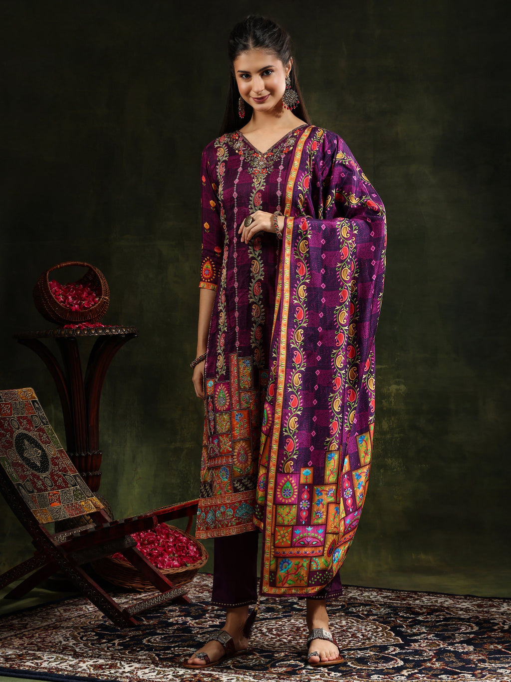 Hand Embroidered & Printed Pure Silk Kurta With Pant & Printed Dupatta, Purple - Hiral Fashion - Distacart