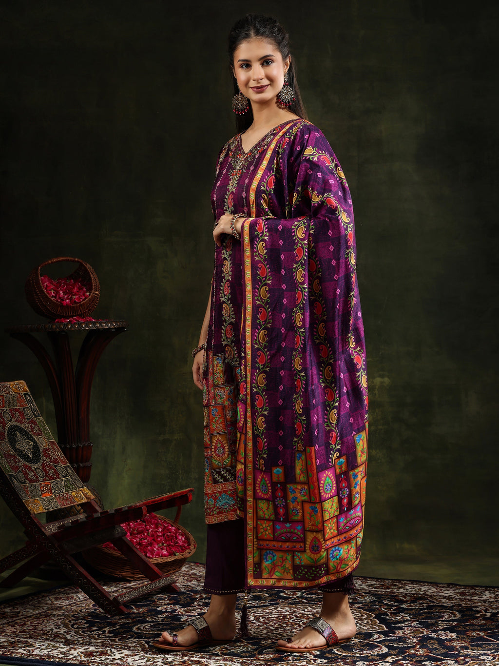 Hand Embroidered & Printed Pure Silk Kurta With Pant & Printed Dupatta, Purple - Hiral Fashion - Distacart