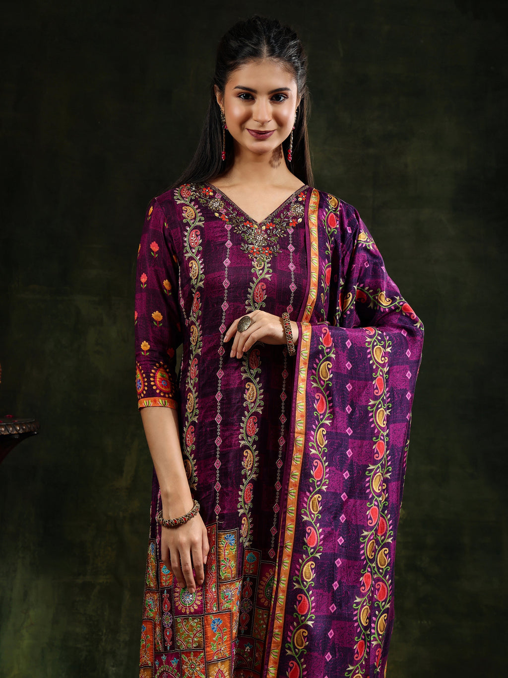 Hand Embroidered & Printed Pure Silk Kurta With Pant & Printed Dupatta, Purple - Hiral Fashion - Distacart