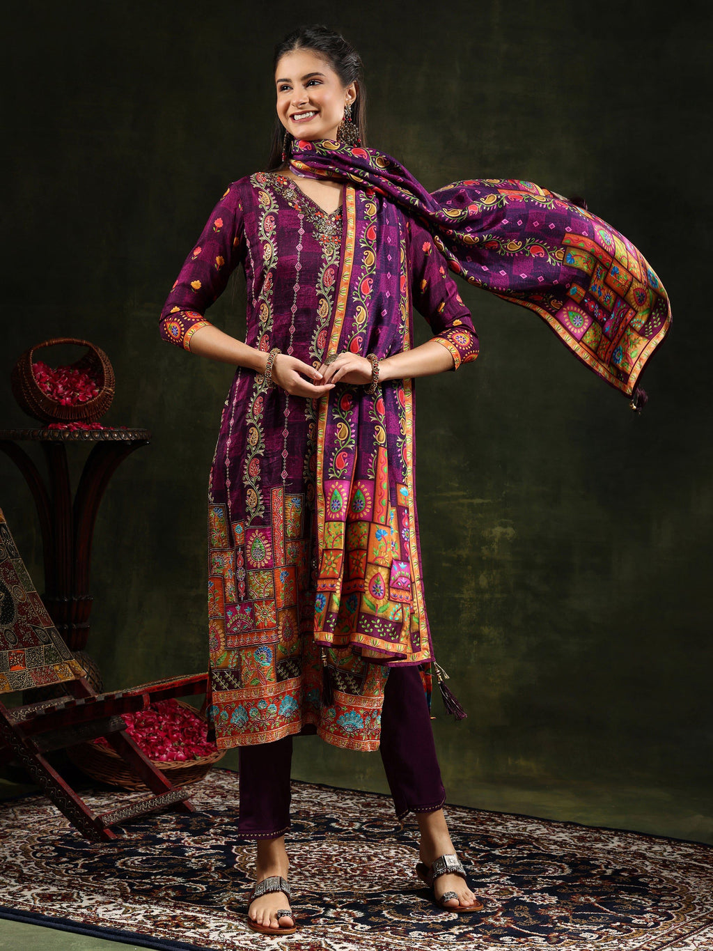 Hand Embroidered & Printed Pure Silk Kurta With Pant & Printed Dupatta, Purple - Hiral Fashion - Distacart