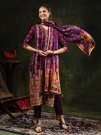 Hand Embroidered & Printed Pure Silk Kurta With Pant & Printed Dupatta, Purple - Hiral Fashion - Distacart