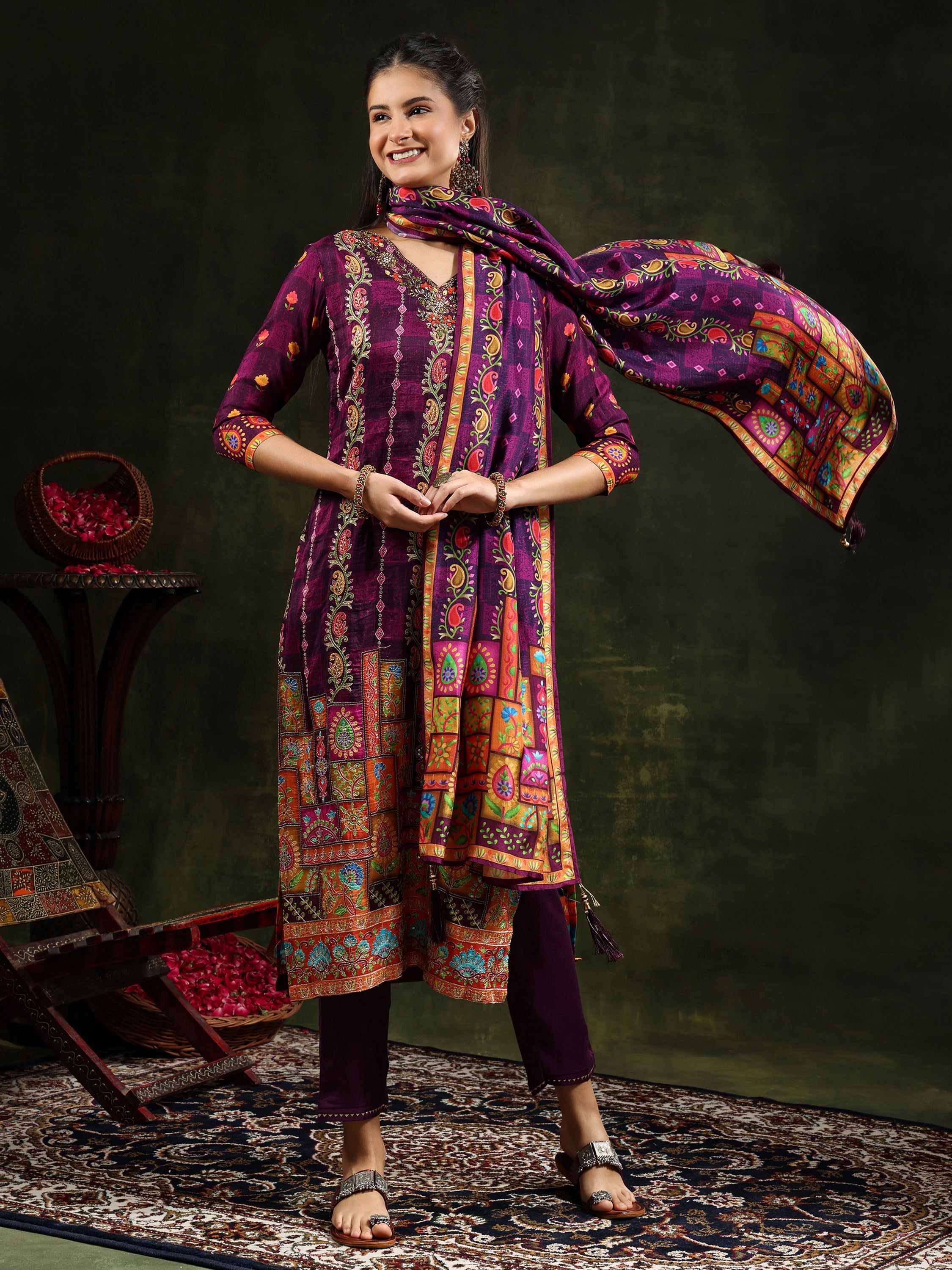 Hand Embroidered & Printed Pure Silk Kurta With Pant & Printed Dupatta, Purple - Hiral Fashion - Distacart