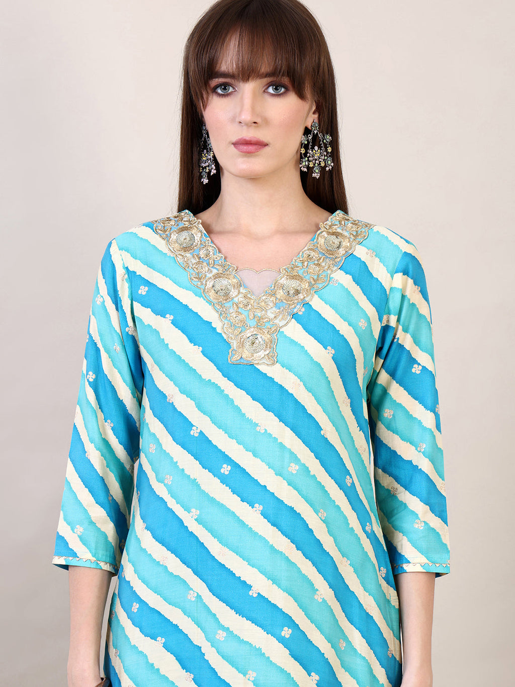 Leheriya Printed & Applique Embroidered Kurta With Pant & Dupatta, Blue - Hiral Fashion - Distacart