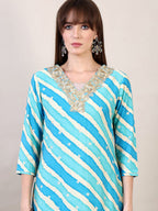 Leheriya Printed & Applique Embroidered Kurta With Pant & Dupatta, Blue - Hiral Fashion - Distacart