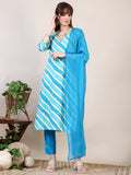 Leheriya Printed & Applique Embroidered Kurta With Pant & Dupatta, Blue - Hiral Fashion - Distacart