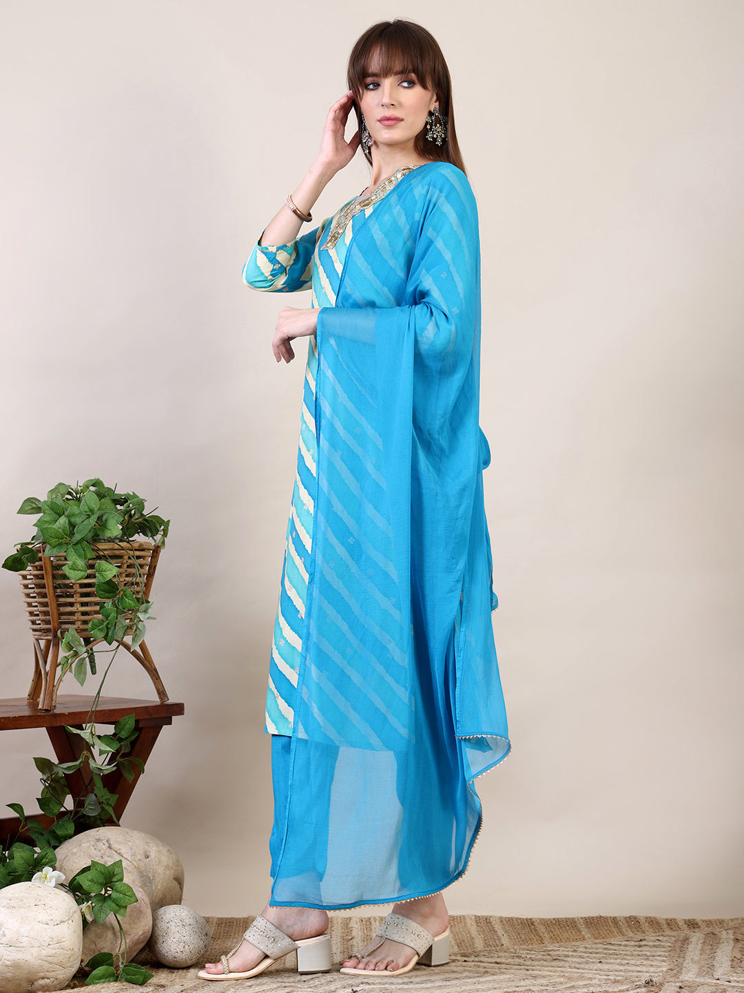 Leheriya Printed & Applique Embroidered Kurta With Pant & Dupatta, Blue - Hiral Fashion - Distacart