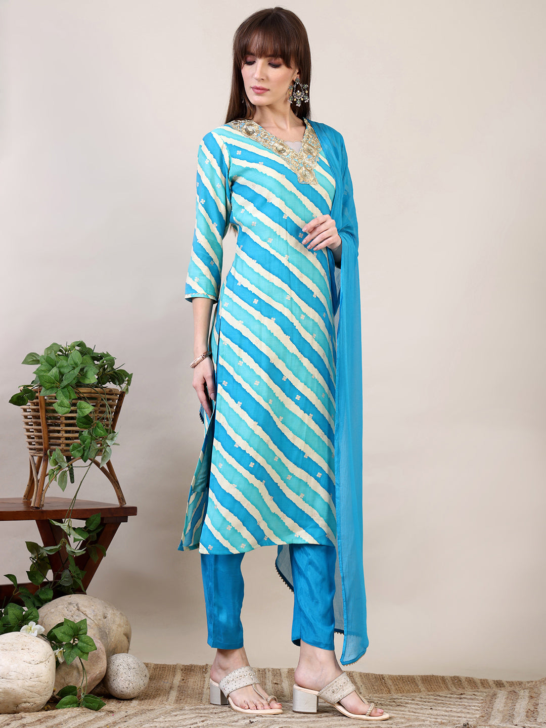 Leheriya Printed & Applique Embroidered Kurta With Pant & Dupatta, Blue - Hiral Fashion - Distacart