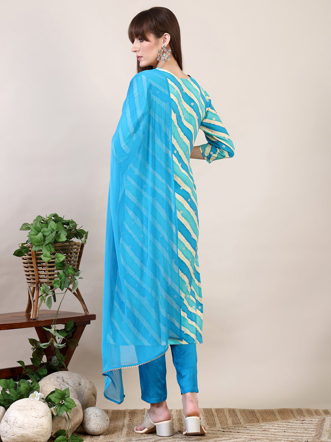 Leheriya Printed & Applique Embroidered Kurta With Pant & Dupatta, Blue - Hiral Fashion - Distacart