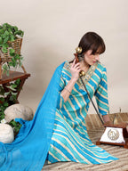 Leheriya Printed & Applique Embroidered Kurta With Pant & Dupatta, Blue - Hiral Fashion - Distacart