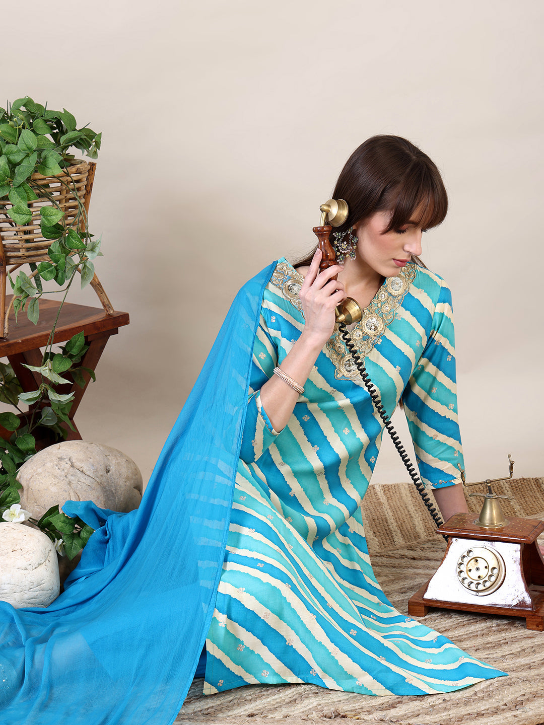 Leheriya Printed & Applique Embroidered Kurta With Pant & Dupatta, Blue - Hiral Fashion - Distacart