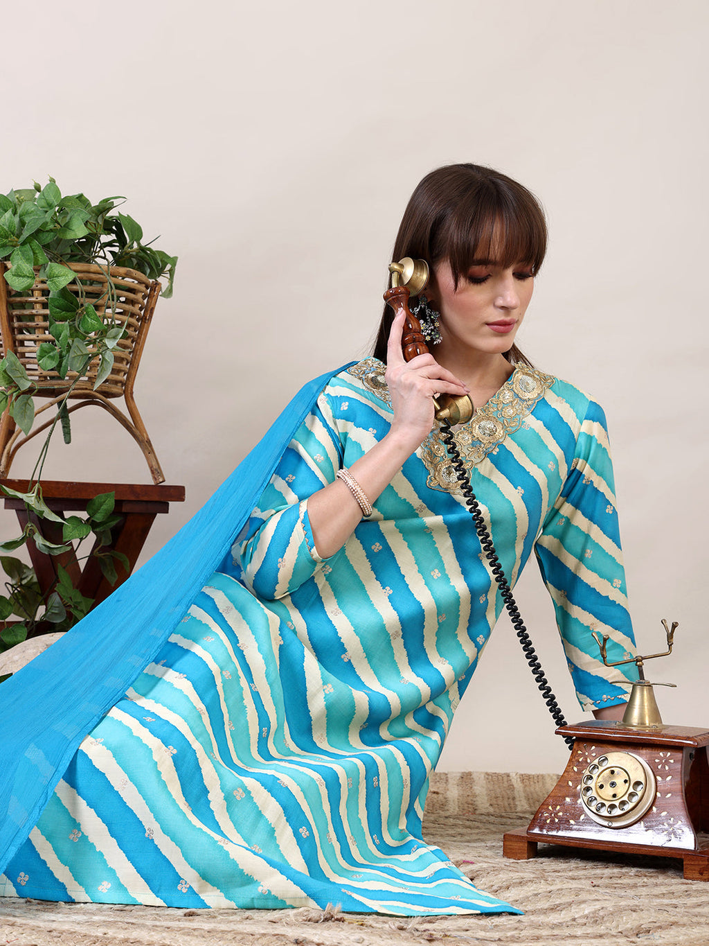 Leheriya Printed & Applique Embroidered Kurta With Pant & Dupatta, Blue - Hiral Fashion - Distacart