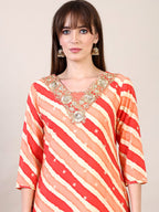 Leheriya Printed & Applique Embroidered Kurta With Pant & Dupatta, Orange - Hiral Fashion - Distacart