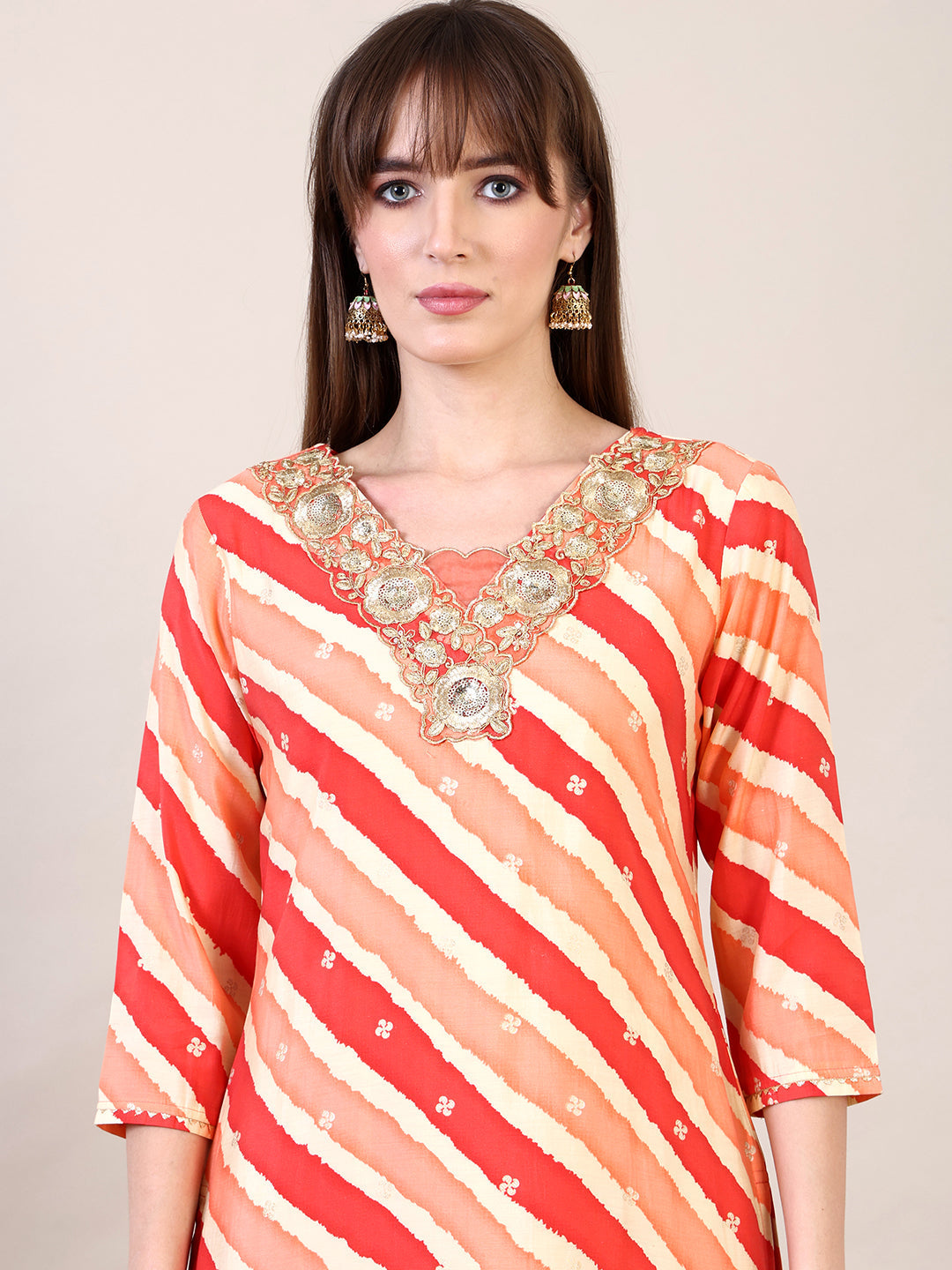 Leheriya Printed & Applique Embroidered Kurta With Pant & Dupatta, Orange - Hiral Fashion - Distacart
