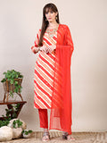 Leheriya Printed & Applique Embroidered Kurta With Pant & Dupatta, Orange - Hiral Fashion - Distacart
