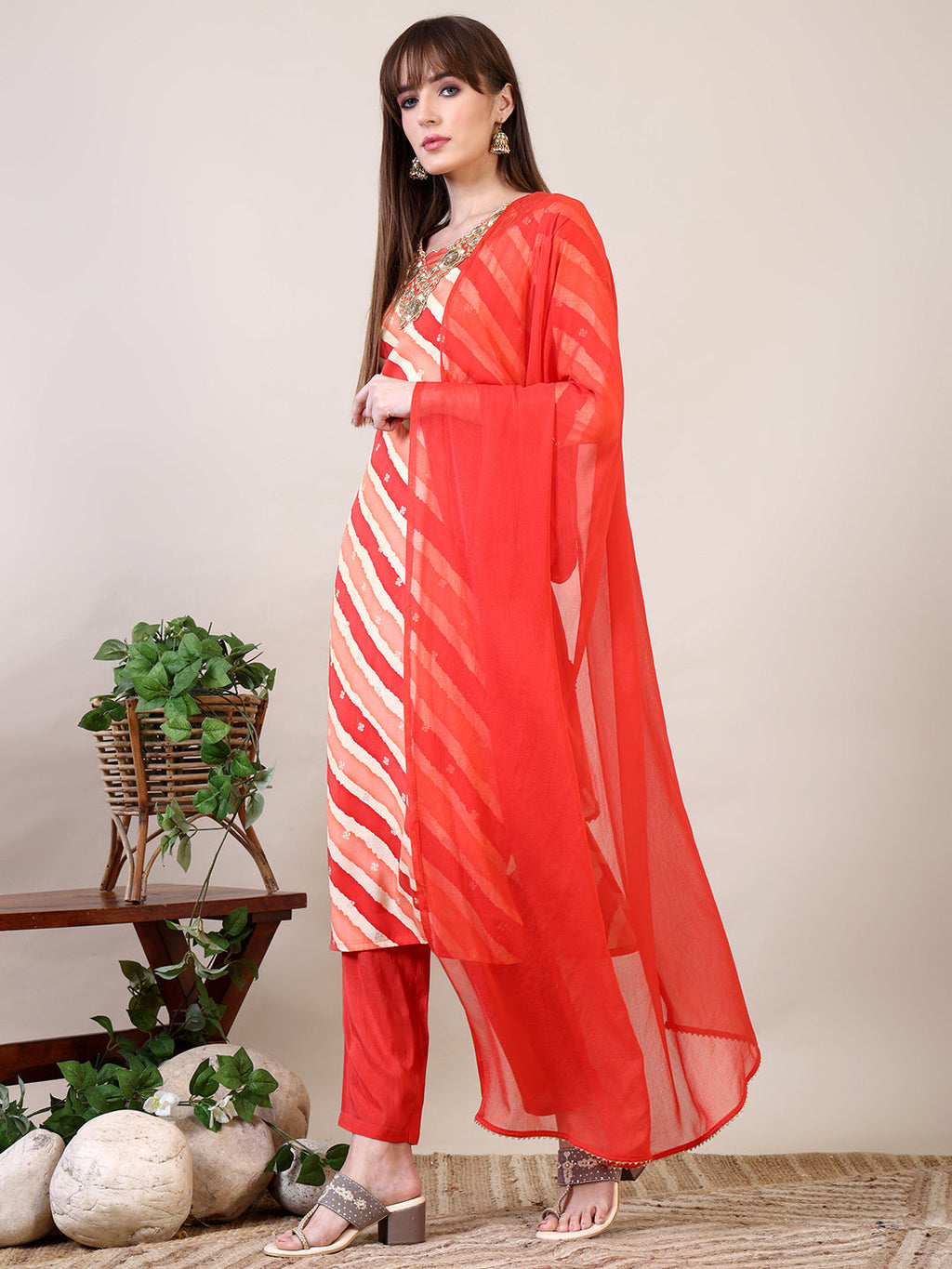 Leheriya Printed & Applique Embroidered Kurta With Pant & Dupatta, Orange - Hiral Fashion - Distacart