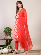 Leheriya Printed & Applique Embroidered Kurta With Pant & Dupatta, Orange - Hiral Fashion - Distacart
