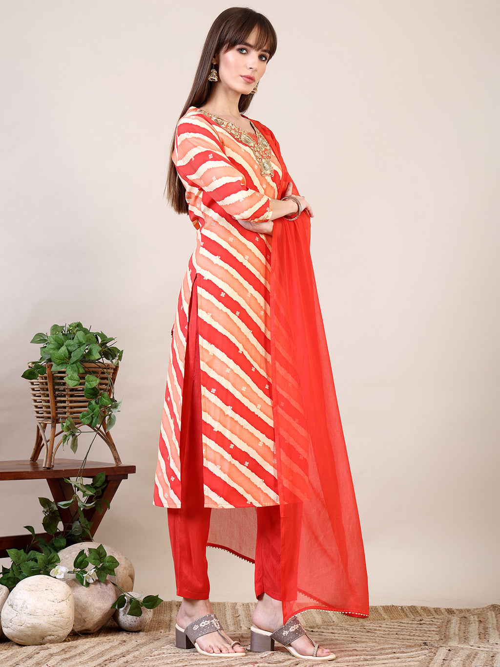 Leheriya Printed & Applique Embroidered Kurta With Pant & Dupatta, Orange - Hiral Fashion - Distacart