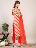 Leheriya Printed & Applique Embroidered Kurta With Pant & Dupatta, Orange - Hiral Fashion - Distacart