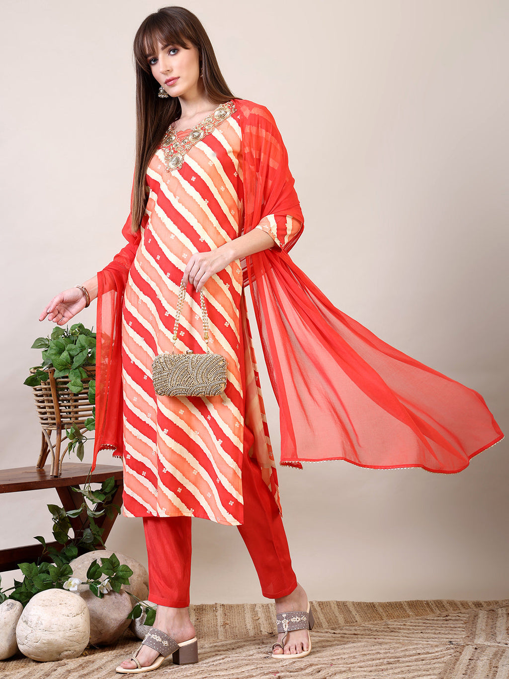 Leheriya Printed & Applique Embroidered Kurta With Pant & Dupatta, Orange - Hiral Fashion - Distacart