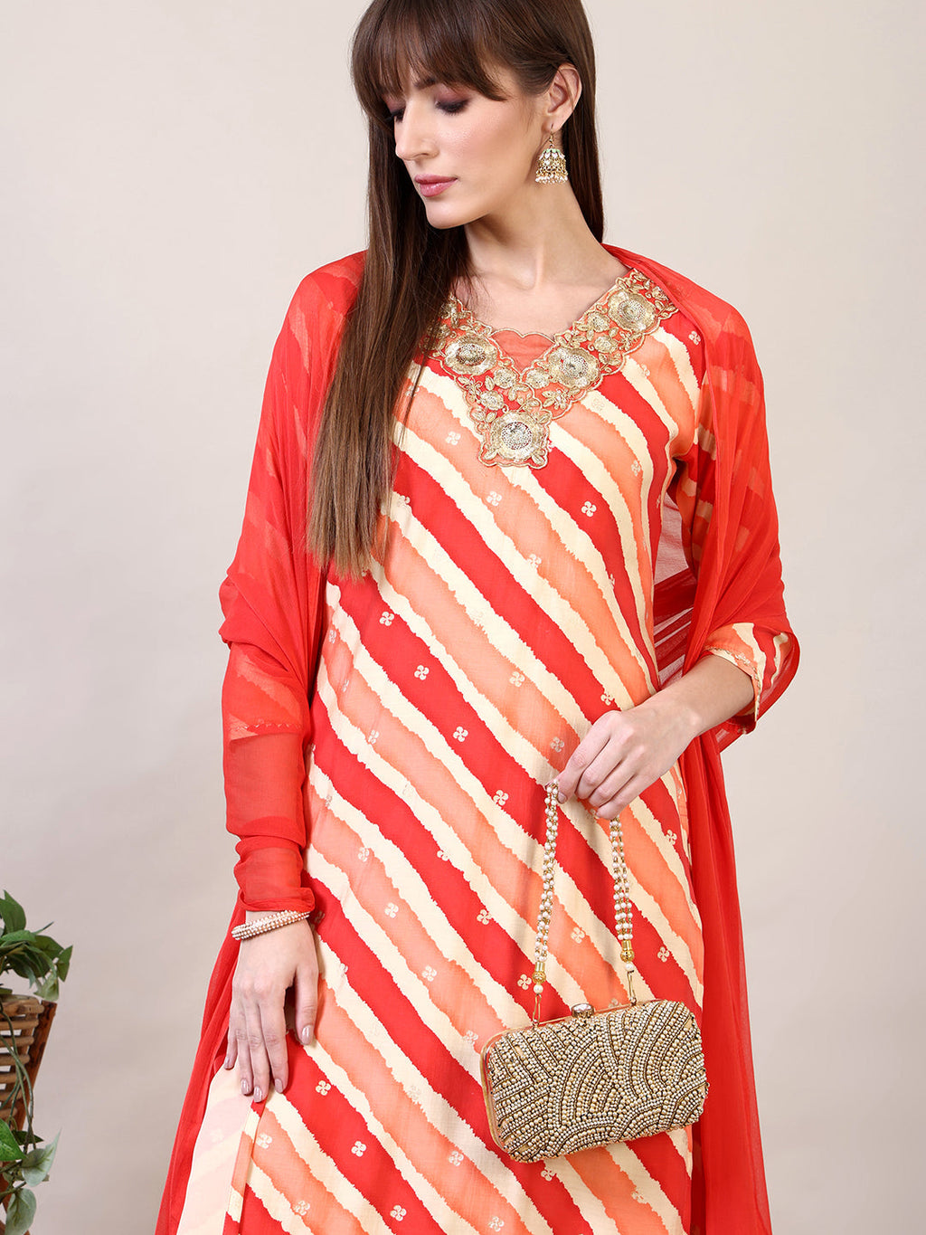 Leheriya Printed & Applique Embroidered Kurta With Pant & Dupatta, Orange - Hiral Fashion - Distacart