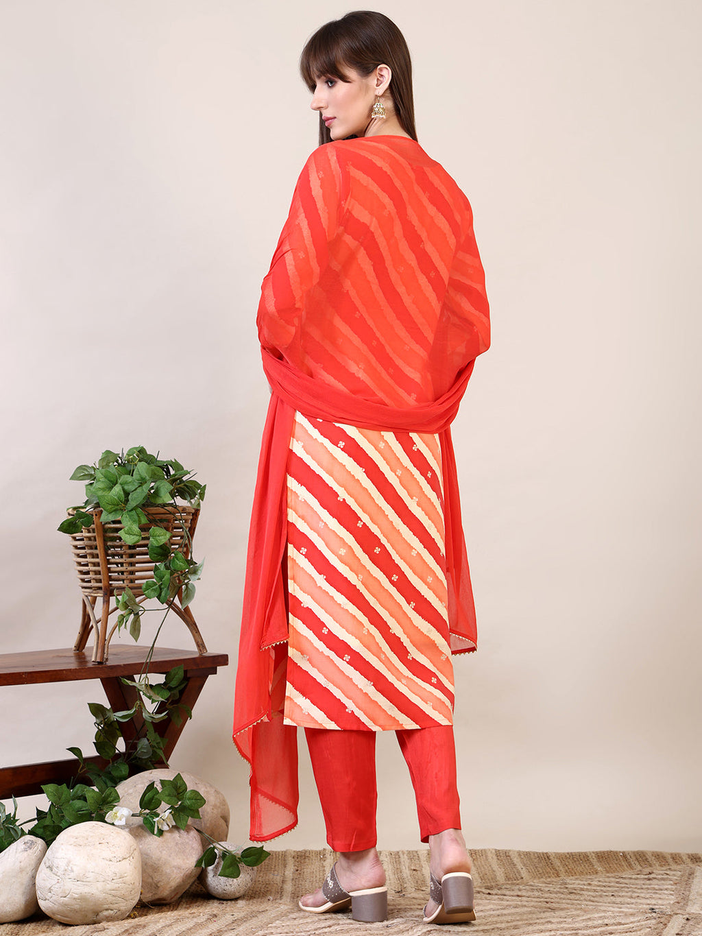 Leheriya Printed & Applique Embroidered Kurta With Pant & Dupatta, Orange - Hiral Fashion - Distacart