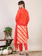 Leheriya Printed & Applique Embroidered Kurta With Pant & Dupatta, Orange - Hiral Fashion - Distacart