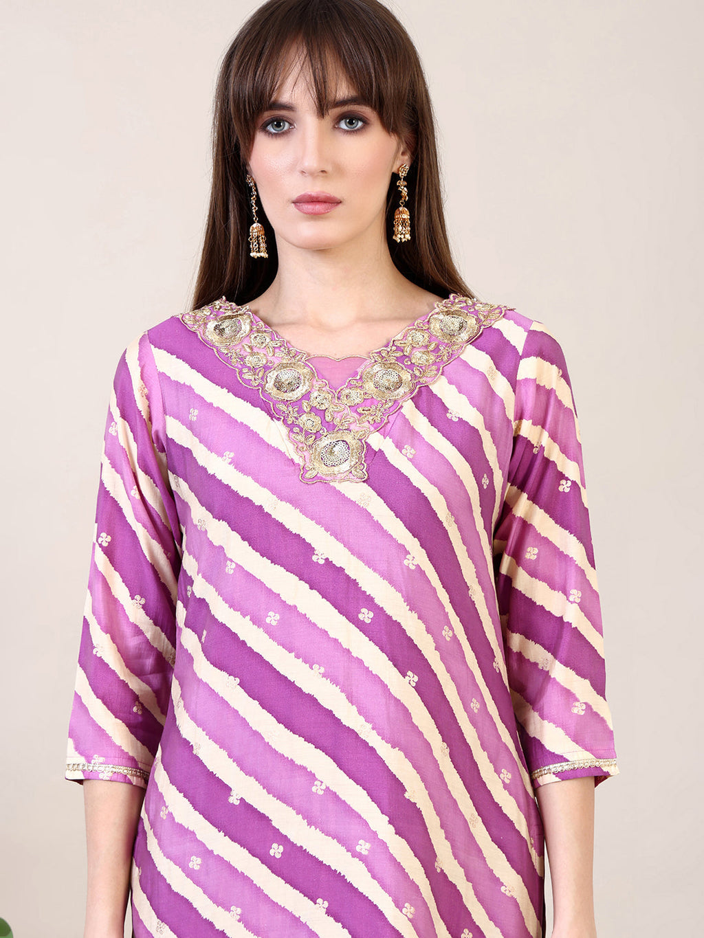 Leheriya Printed & Applique Embroidered Kurta With Pant & Dupatta, Pink - Hiral Fashion - Distacart