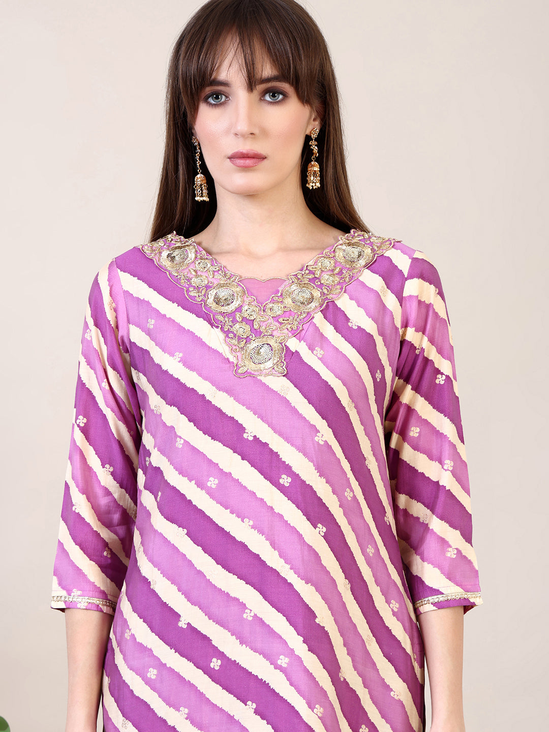 Leheriya Printed & Applique Embroidered Kurta With Pant & Dupatta, Pink - Hiral Fashion - Distacart