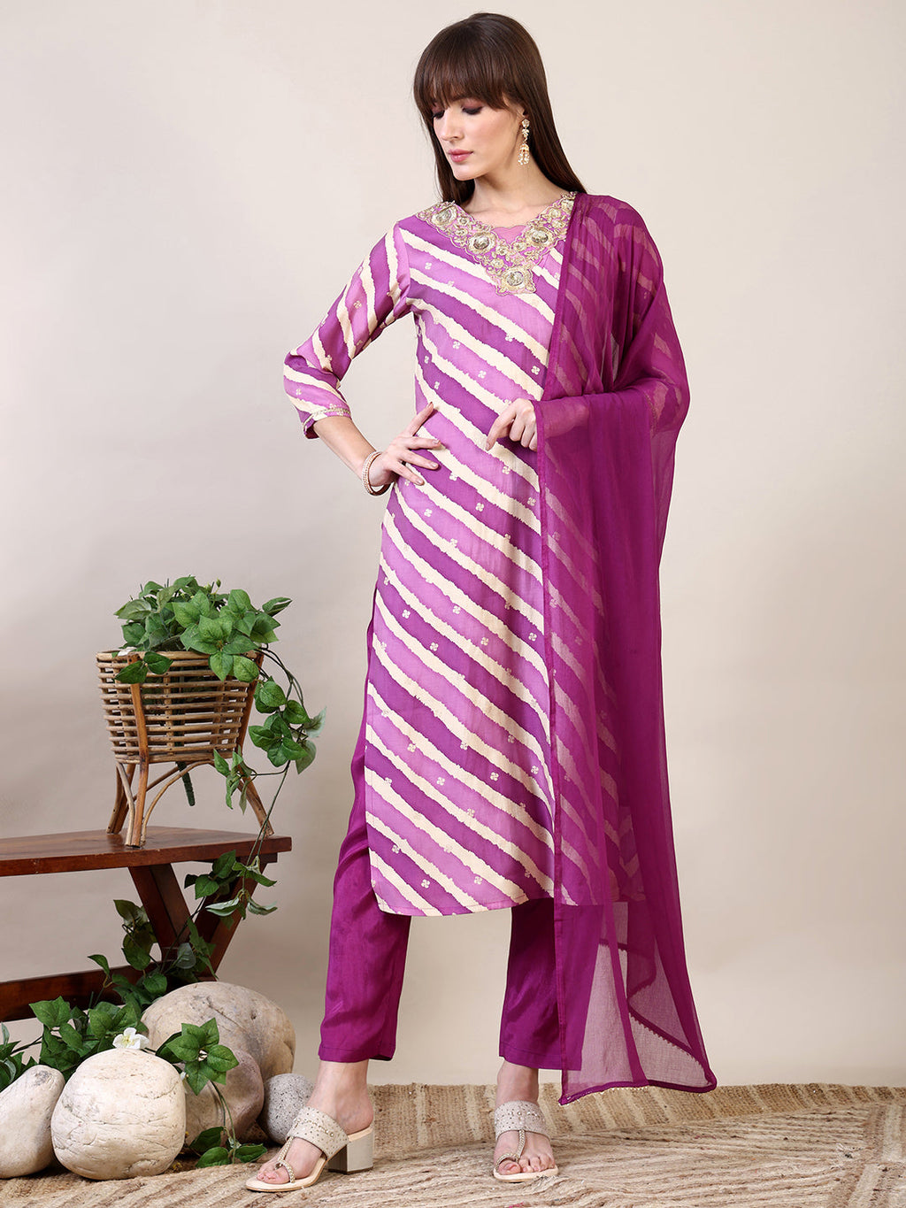 Leheriya Printed & Applique Embroidered Kurta With Pant & Dupatta, Pink - Hiral Fashion - Distacart