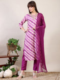 Leheriya Printed & Applique Embroidered Kurta With Pant & Dupatta, Pink - Hiral Fashion - Distacart
