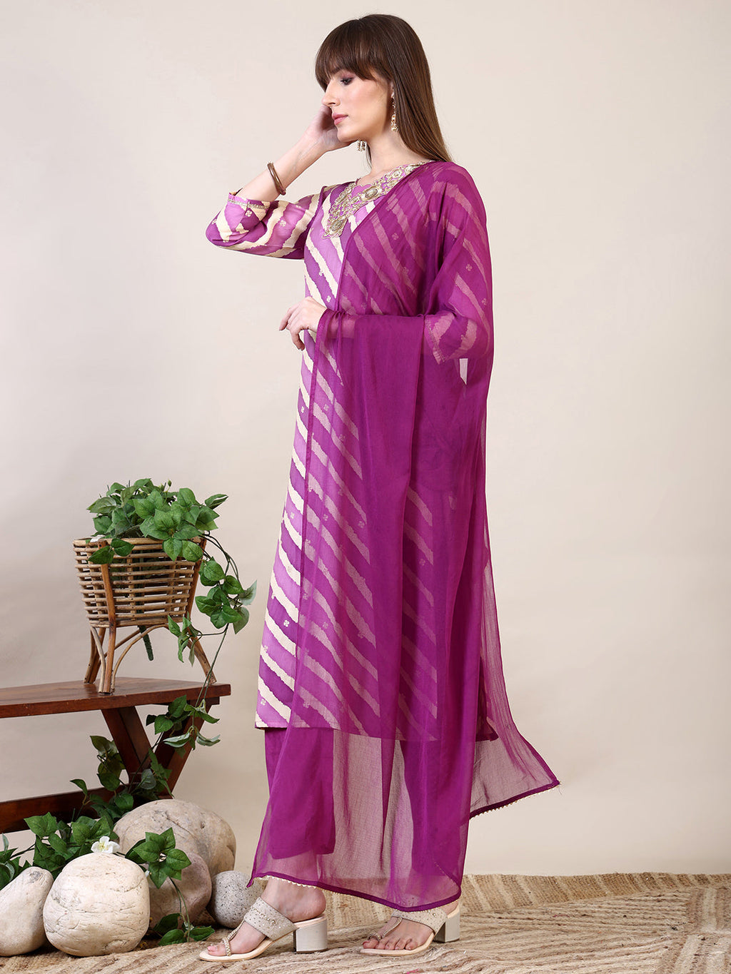 Leheriya Printed & Applique Embroidered Kurta With Pant & Dupatta, Pink - Hiral Fashion - Distacart