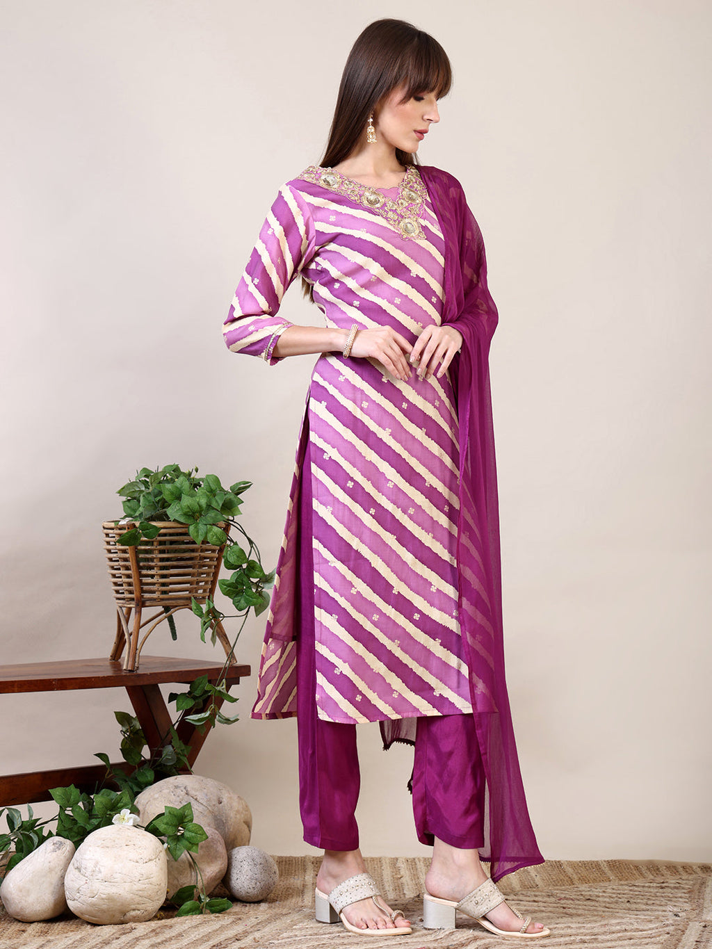 Leheriya Printed & Applique Embroidered Kurta With Pant & Dupatta, Pink - Hiral Fashion - Distacart