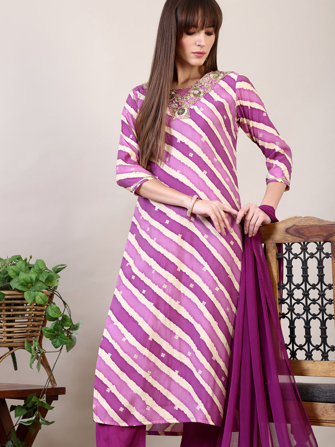 Leheriya Printed & Applique Embroidered Kurta With Pant & Dupatta, Pink - Hiral Fashion - Distacart