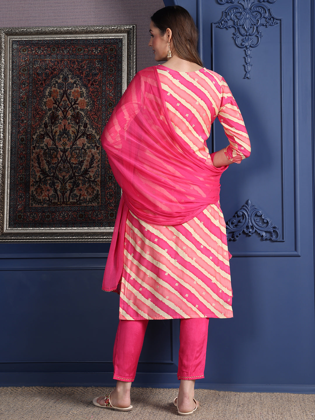 Leheriya Printed & Applique Embroidered Kurta With Pant & Dupatta, Pink - Hiral Fashion - Distacart