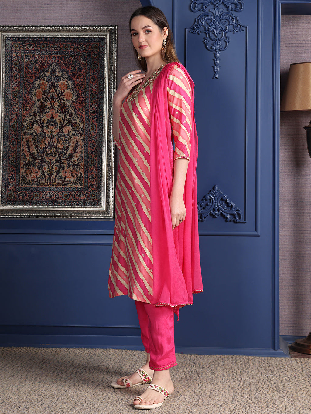 Leheriya Printed & Applique Embroidered Kurta With Pant & Dupatta, Pink - Hiral Fashion - Distacart