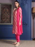 Leheriya Printed & Applique Embroidered Kurta With Pant & Dupatta, Pink - Hiral Fashion - Distacart
