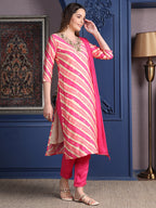 Leheriya Printed & Applique Embroidered Kurta With Pant & Dupatta, Pink - Hiral Fashion - Distacart
