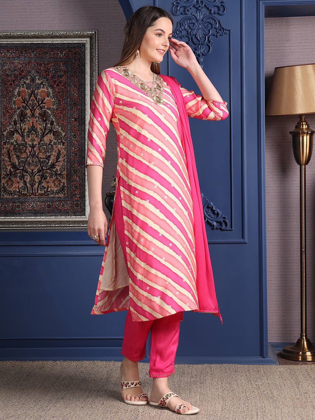 Leheriya Printed & Applique Embroidered Kurta With Pant & Dupatta, Pink - Hiral Fashion - Distacart