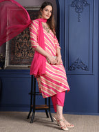 Leheriya Printed & Applique Embroidered Kurta With Pant & Dupatta, Pink - Hiral Fashion - Distacart
