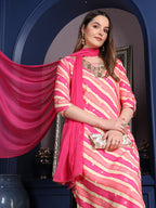 Leheriya Printed & Applique Embroidered Kurta With Pant & Dupatta, Pink - Hiral Fashion - Distacart