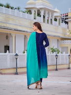 Alia Cut Embroidered Silk Blend Kurta With Pant & Dupatta, Navy Blue - Hiral Fashion - Distacart