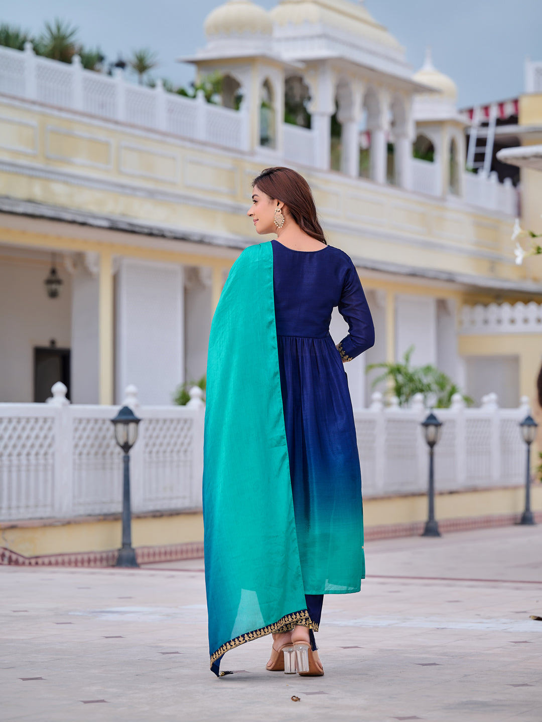 Alia Cut Embroidered Silk Blend Kurta With Pant & Dupatta, Navy Blue - Hiral Fashion - Distacart