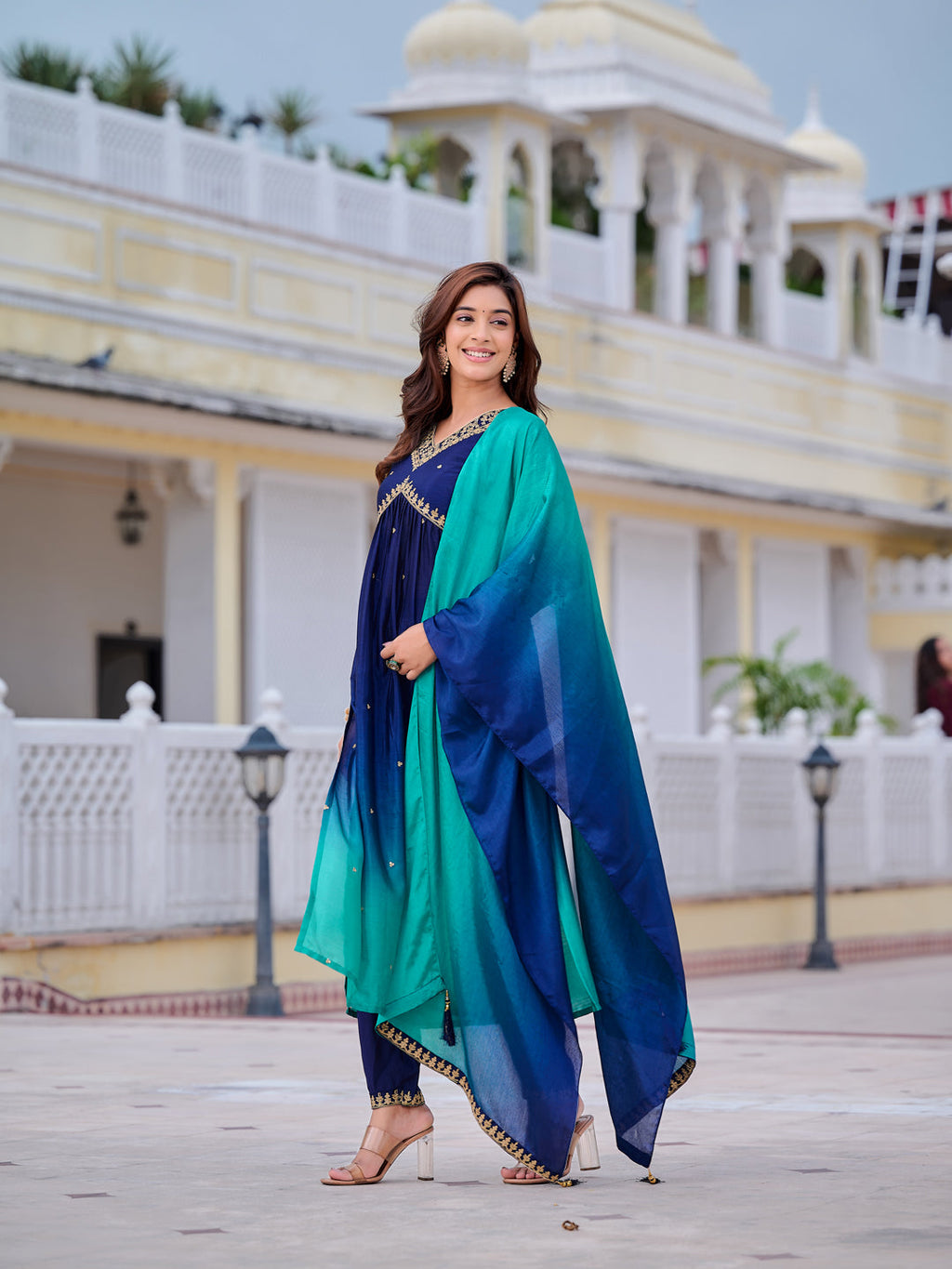 Alia Cut Embroidered Silk Blend Kurta With Pant & Dupatta, Navy Blue - Hiral Fashion - Distacart
