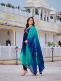 Alia Cut Embroidered Silk Blend Kurta With Pant & Dupatta, Navy Blue - Hiral Fashion - Distacart