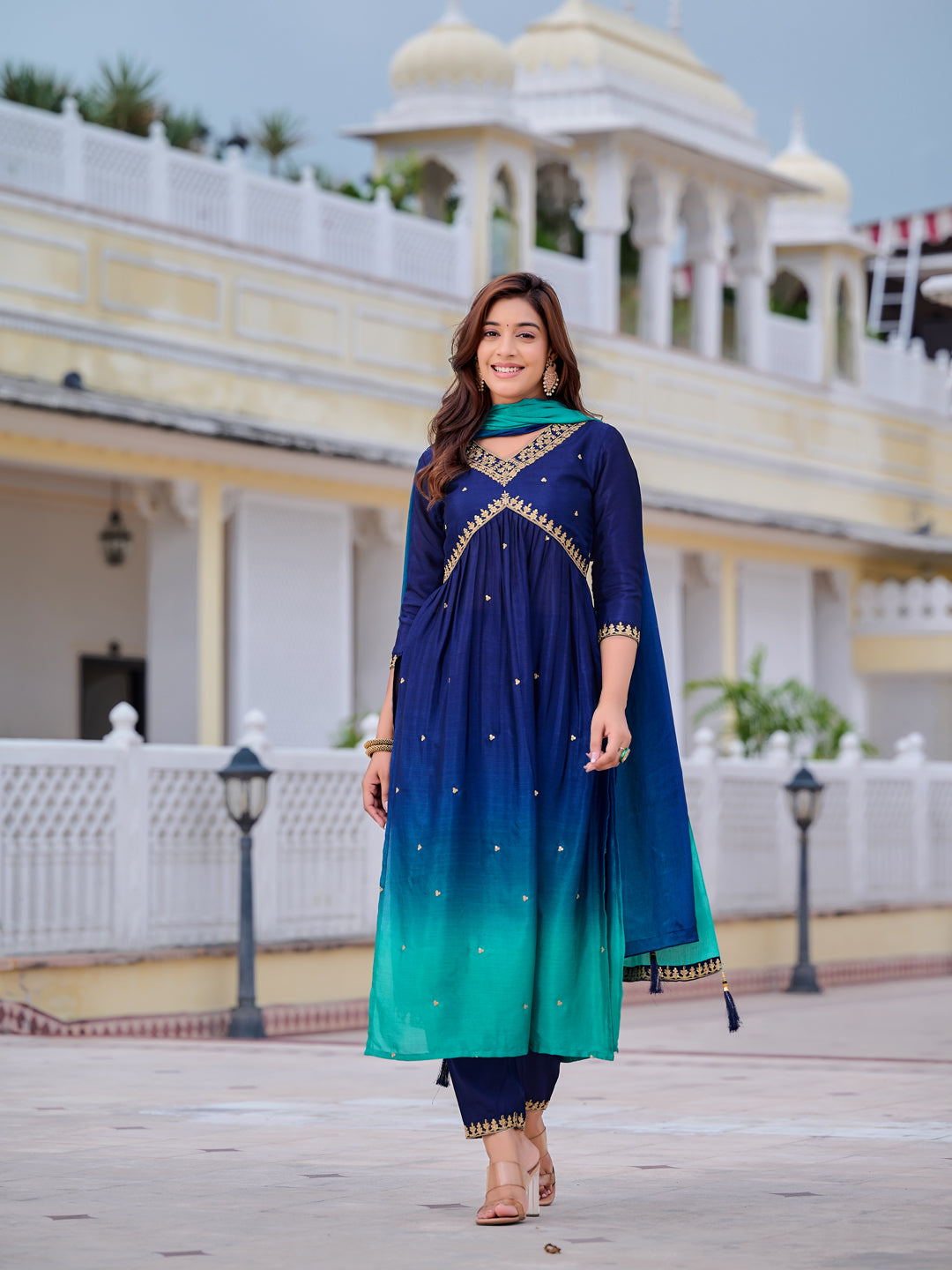 Alia Cut Embroidered Silk Blend Kurta With Pant & Dupatta, Navy Blue - Hiral Fashion - Distacart