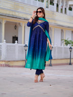 Alia Cut Embroidered Silk Blend Kurta With Pant & Dupatta, Navy Blue - Hiral Fashion - Distacart