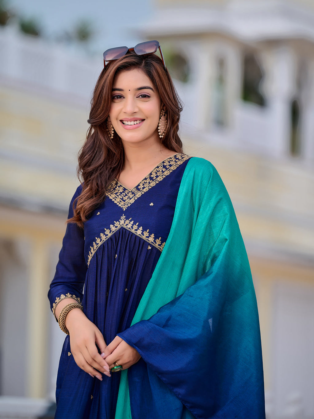 Alia Cut Embroidered Silk Blend Kurta With Pant & Dupatta, Navy Blue - Hiral Fashion - Distacart