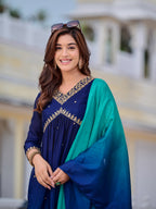 Alia Cut Embroidered Silk Blend Kurta With Pant & Dupatta, Navy Blue - Hiral Fashion - Distacart