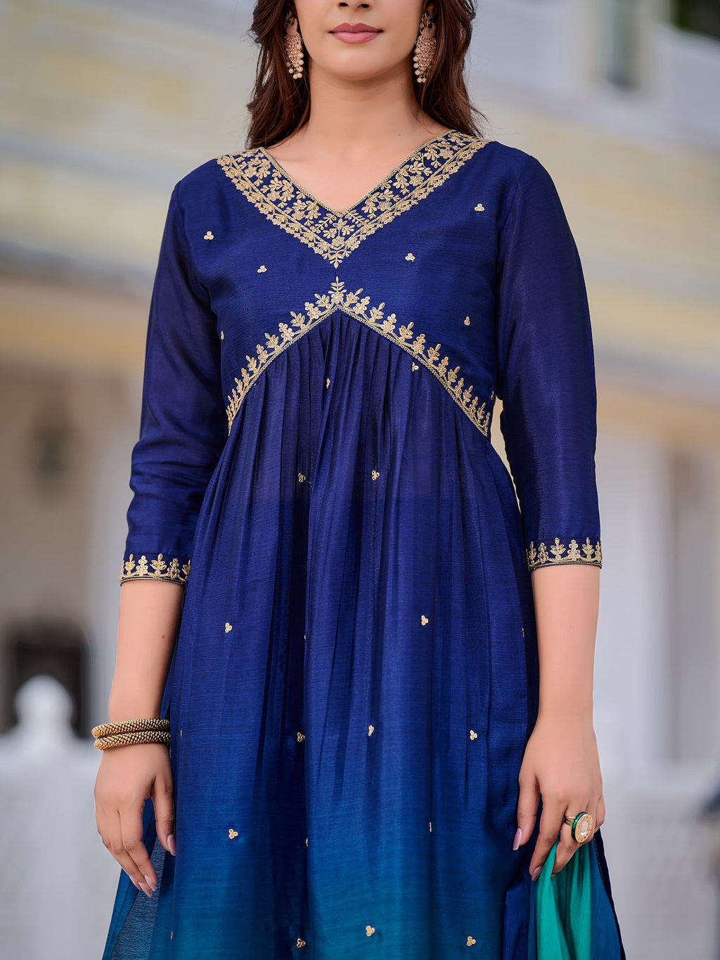 Alia Cut Embroidered Silk Blend Kurta With Pant & Dupatta, Navy Blue - Hiral Fashion - Distacart