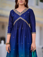 Alia Cut Embroidered Silk Blend Kurta With Pant & Dupatta, Navy Blue - Hiral Fashion - Distacart